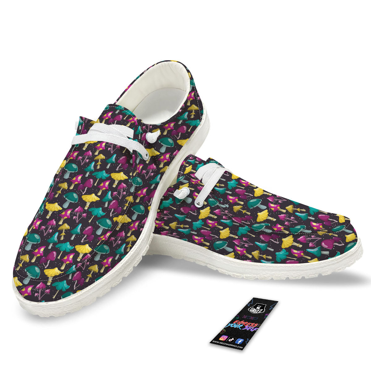 Mushroom Cartoon Print Pattern White Loafers-grizzshop