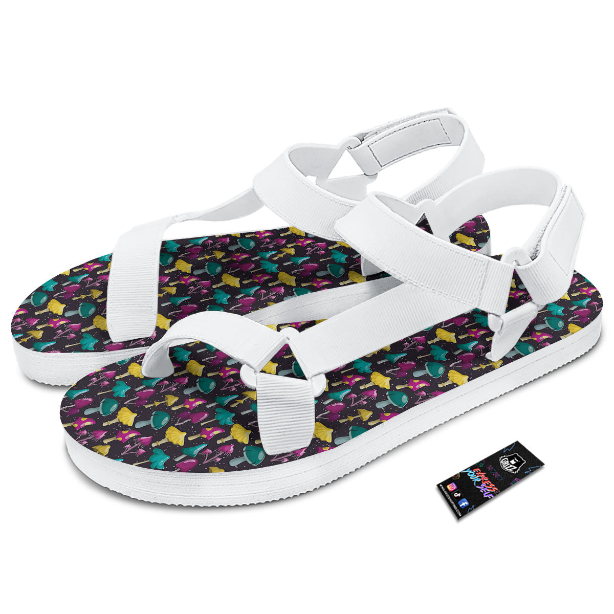 Mushroom Cartoon Print Pattern White Open Toe Sandals-grizzshop