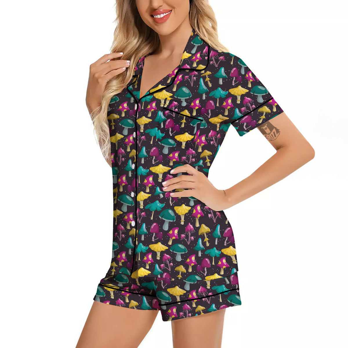 Mushroom Cartoon Print Pattern Women Silk Pajamas-grizzshop