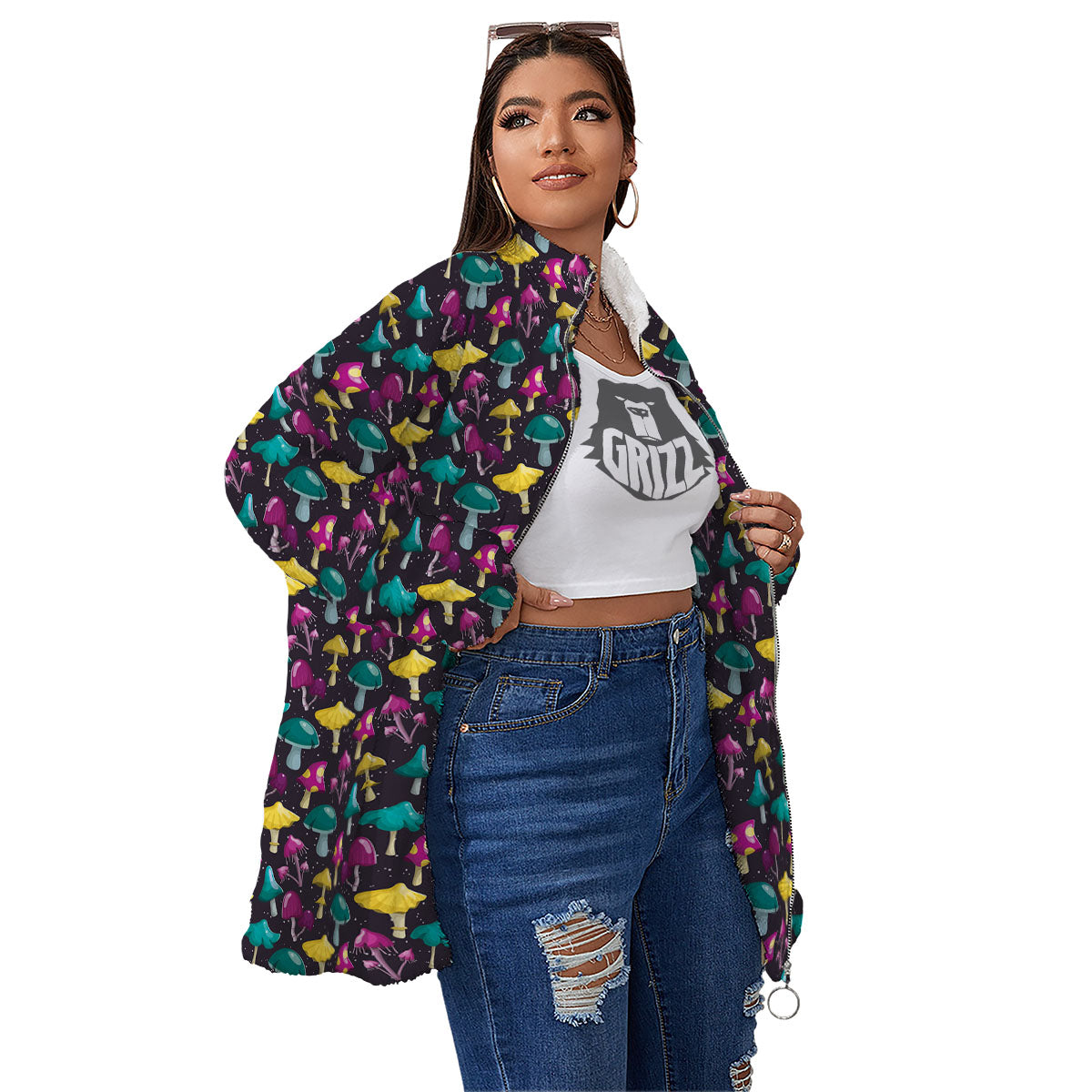 Mushroom Cartoon Print Pattern Women's Sherpa Jacket-grizzshop