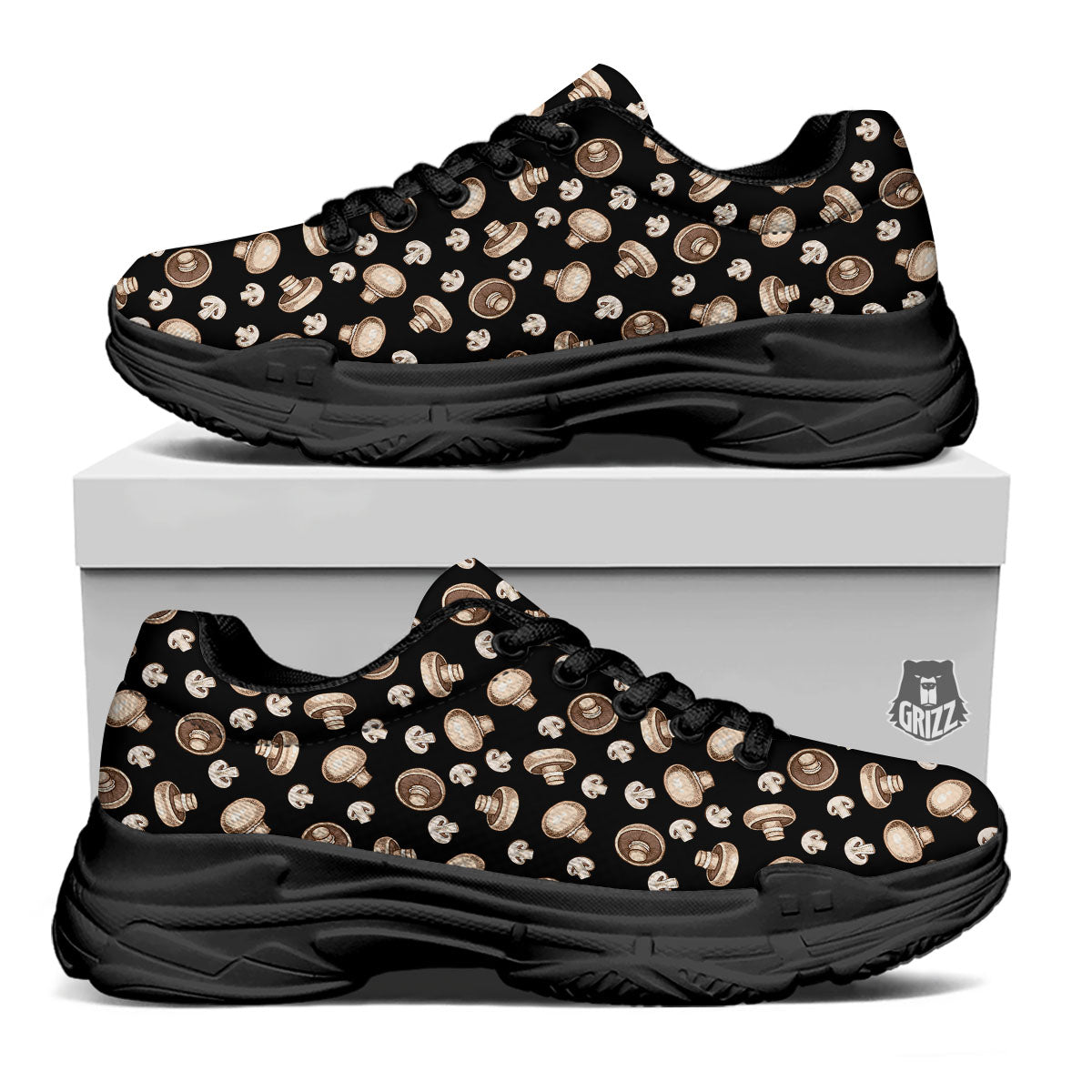 Mushroom Champignon Print Pattern Black Chunky Shoes-grizzshop