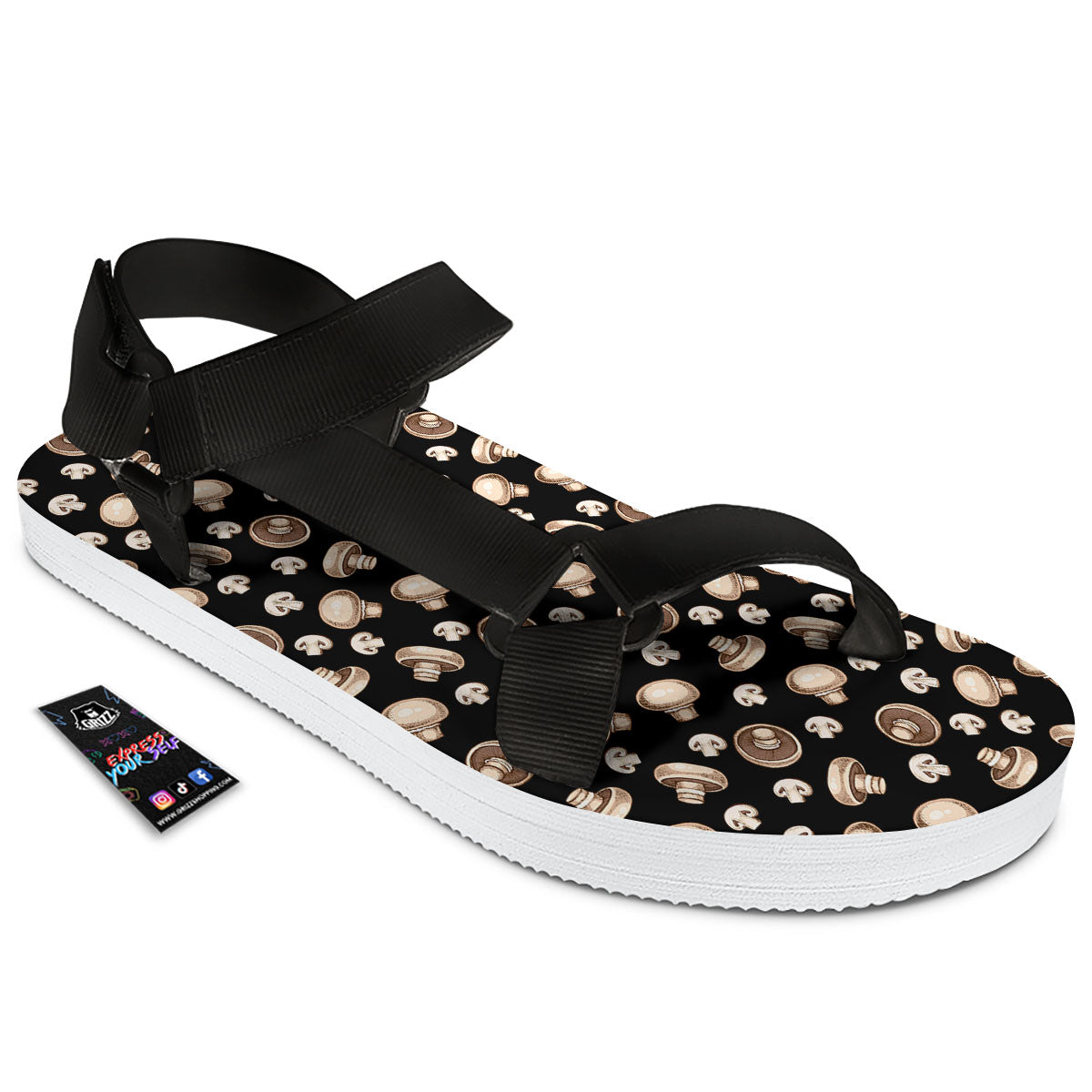 Mushroom Champignon Print Pattern Black Open Toe Sandals-grizzshop