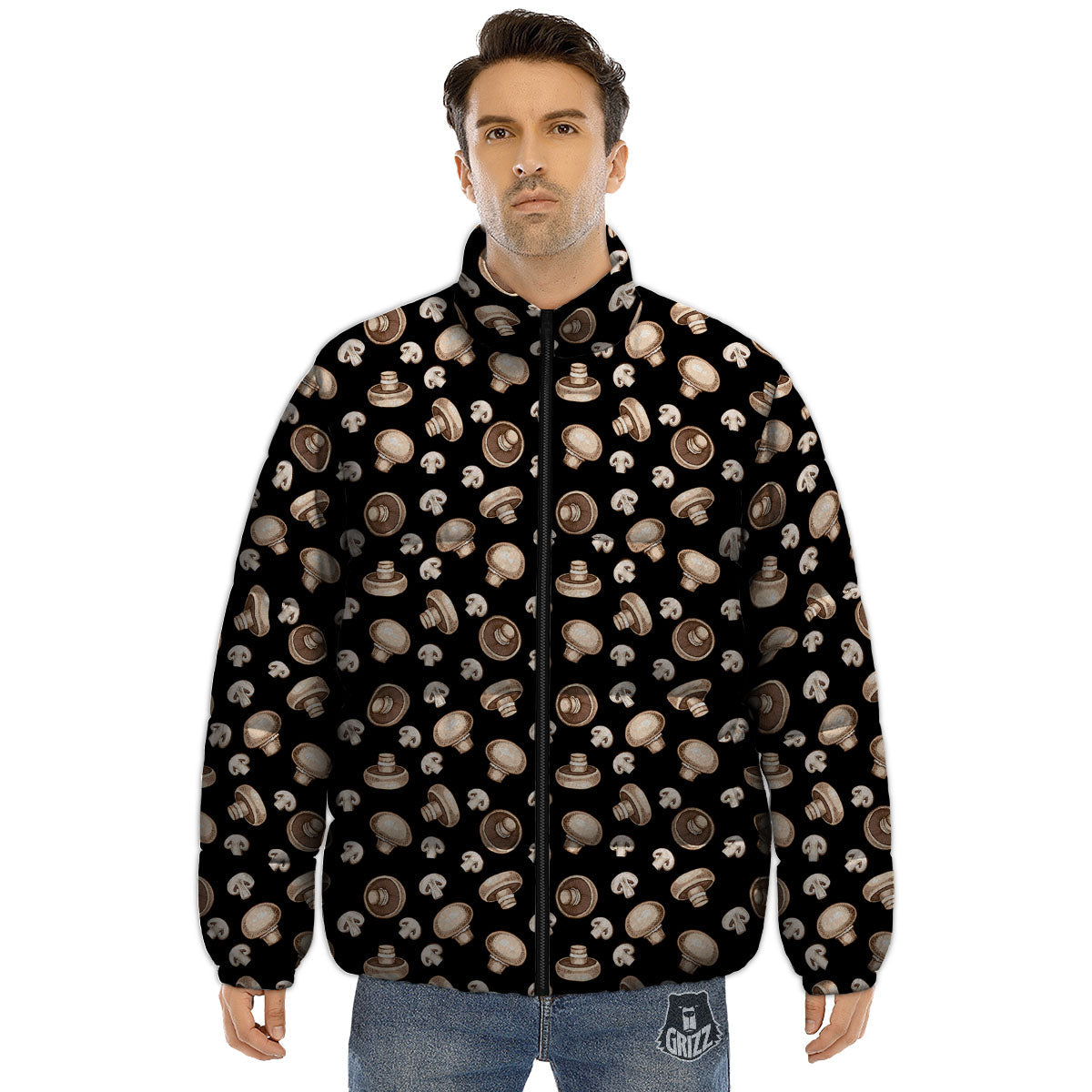 Mushroom Champignon Print Pattern Puffer Jacket-grizzshop