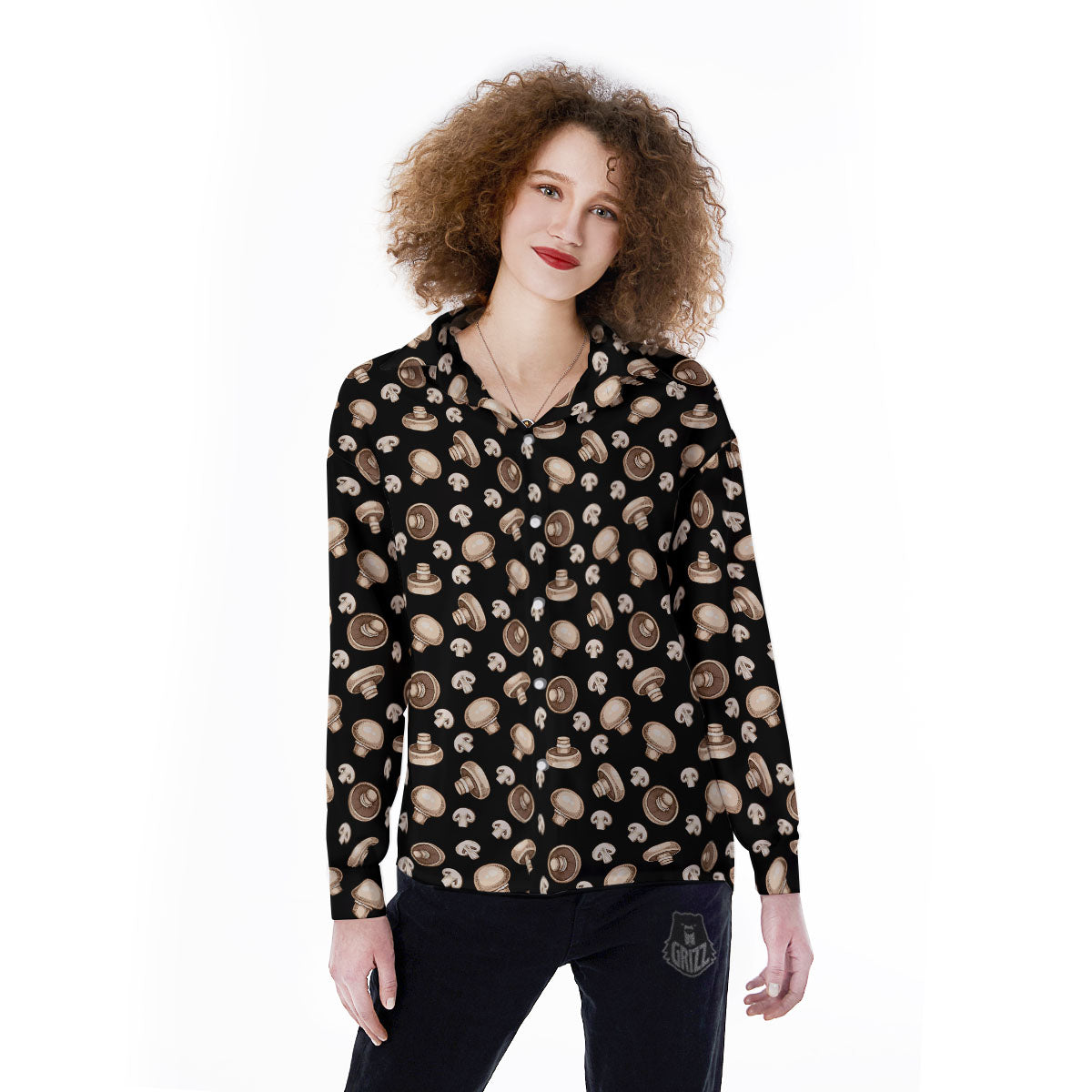 Mushroom Champignon Print Pattern Women's Long Sleeve Shirts-grizzshop