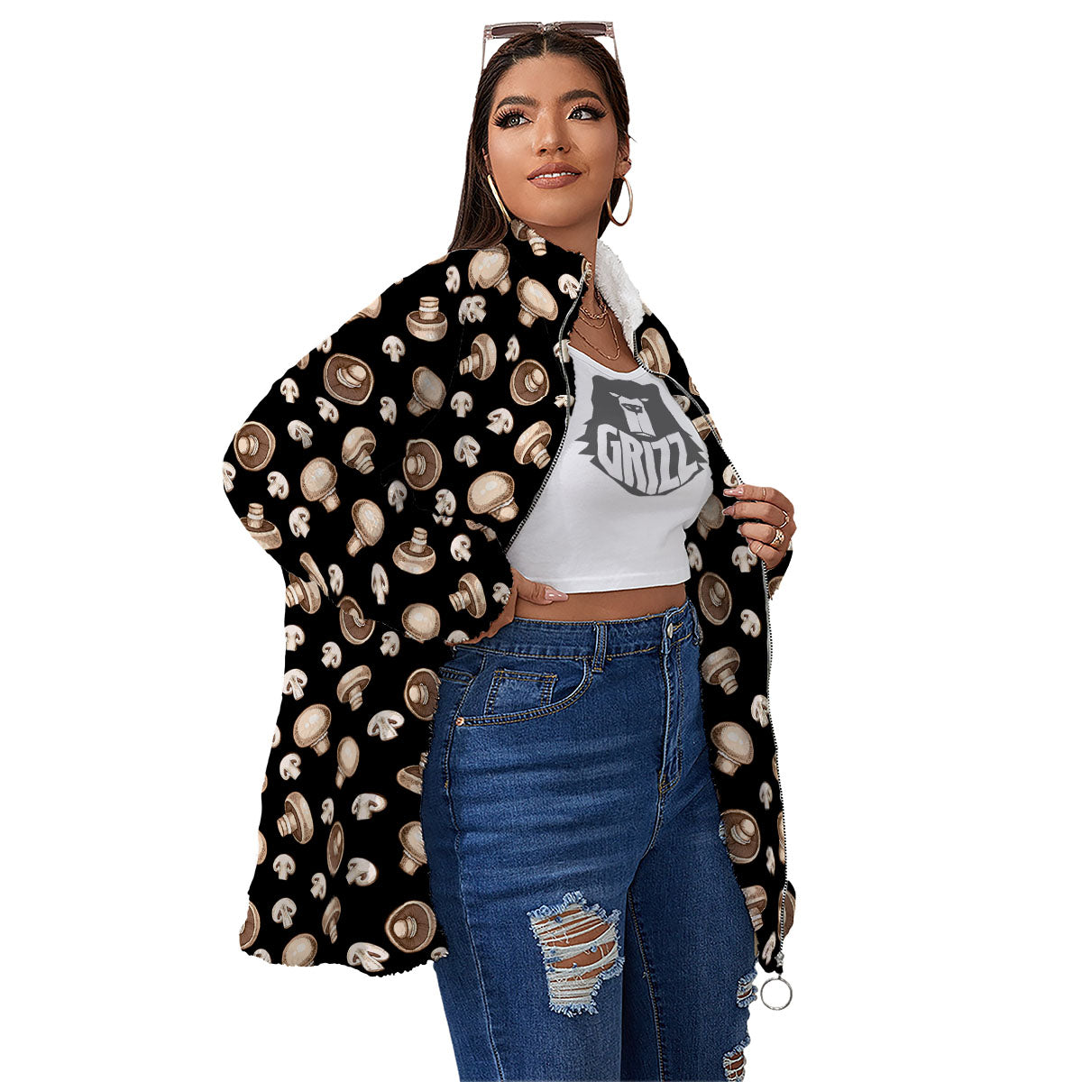 Mushroom Champignon Print Pattern Women's Sherpa Jacket-grizzshop