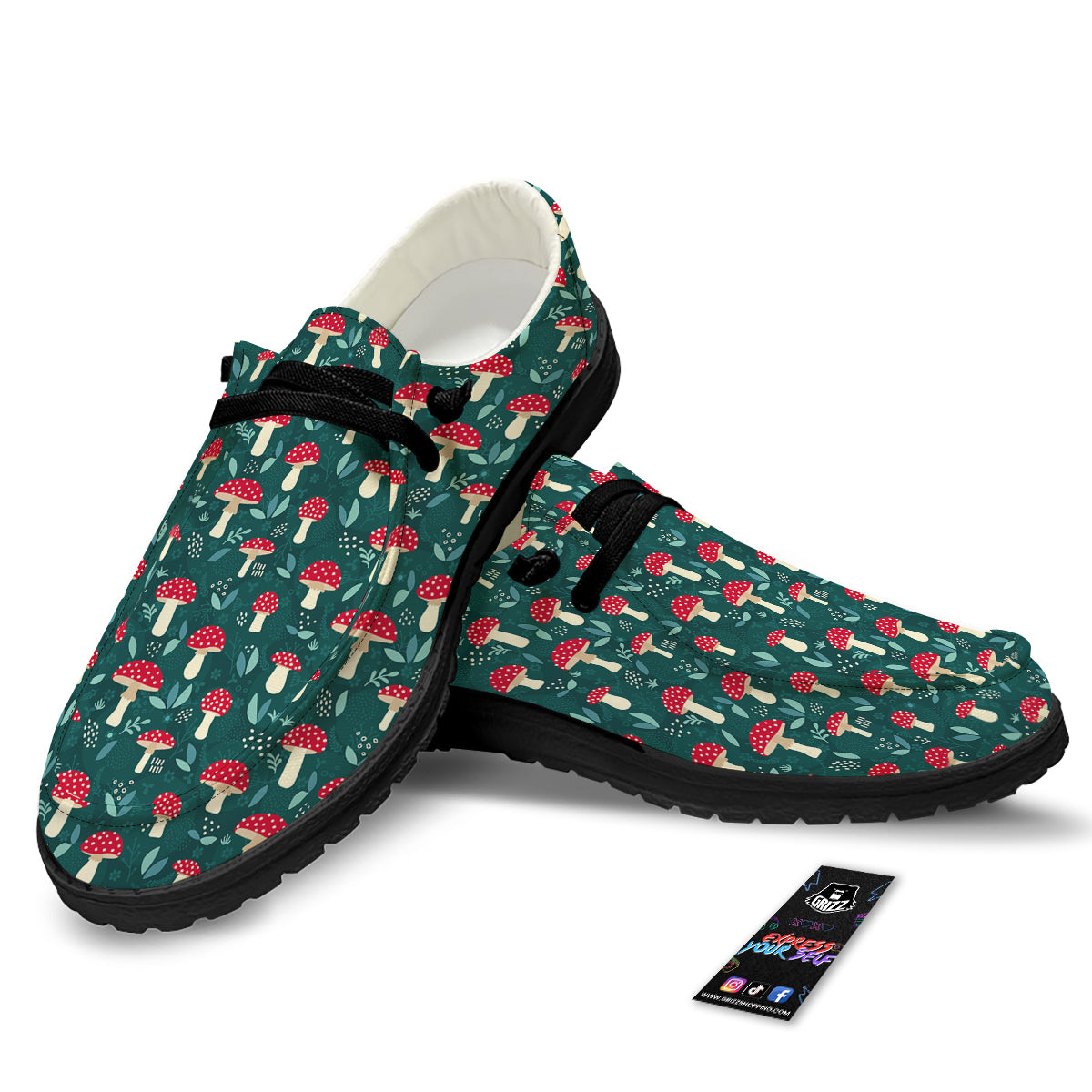 Mushroom Cute Print Pattern Black Loafers-grizzshop