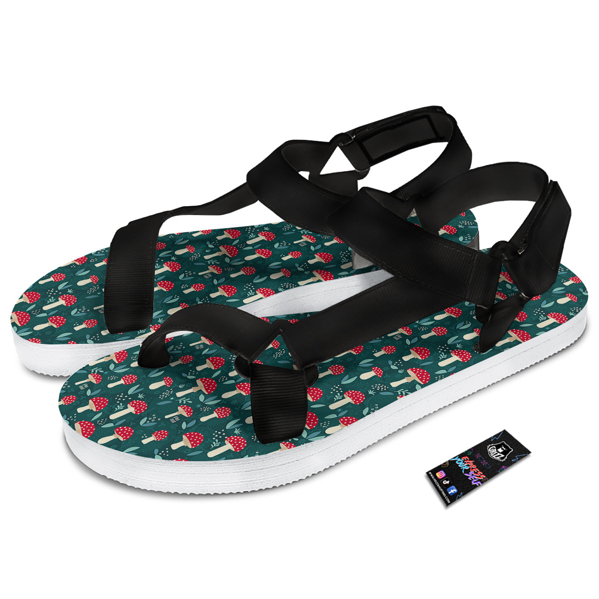 Mushroom Cute Print Pattern Black Open Toe Sandals-grizzshop