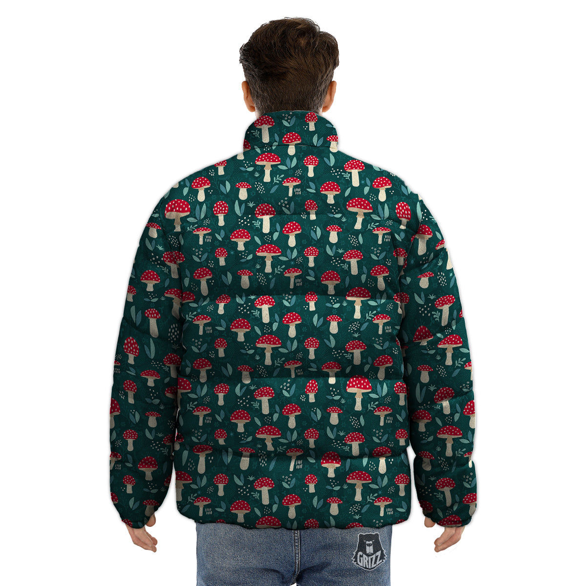 Mushroom Cute Print Pattern Puffer Jacket-grizzshop