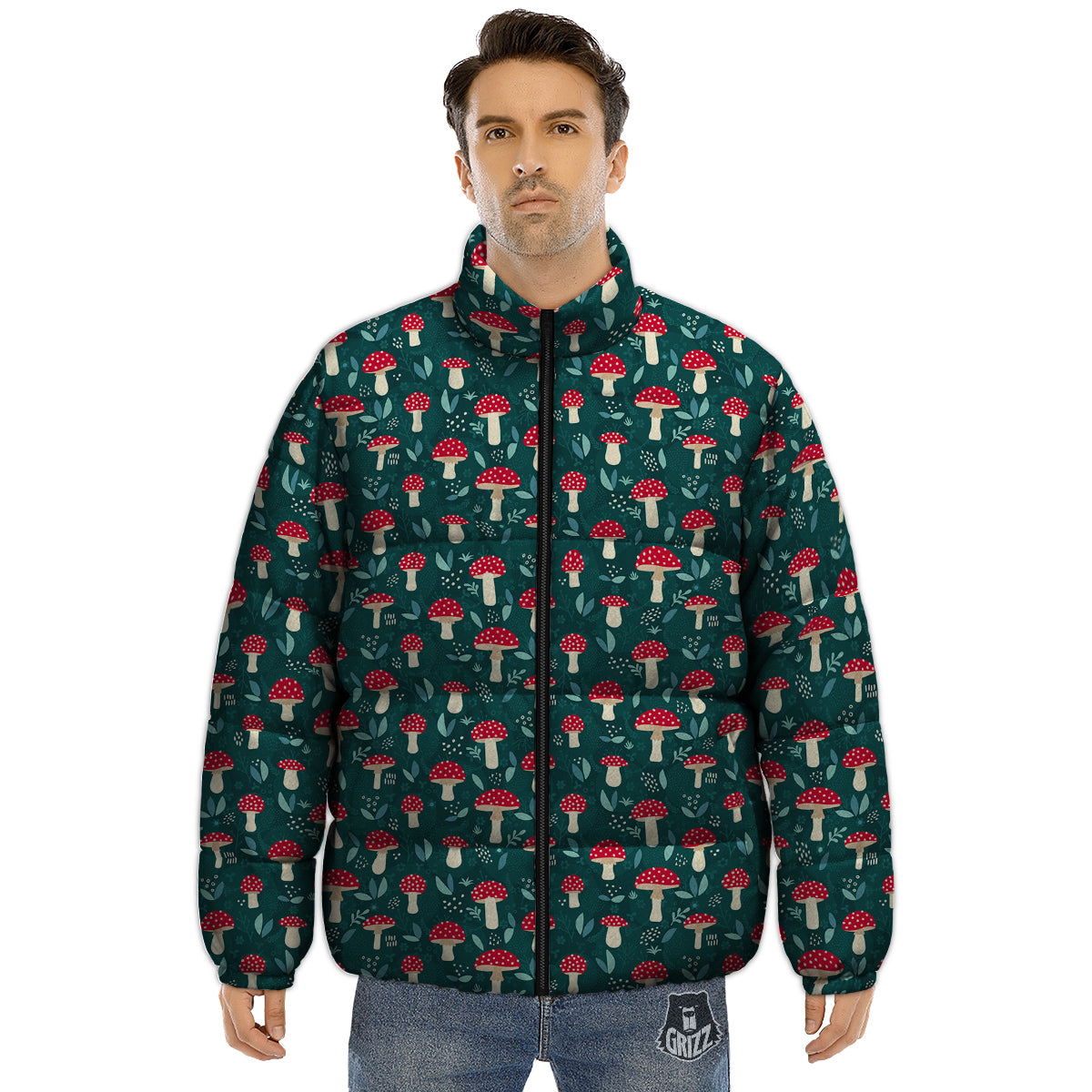 Mushroom Cute Print Pattern Puffer Jacket-grizzshop