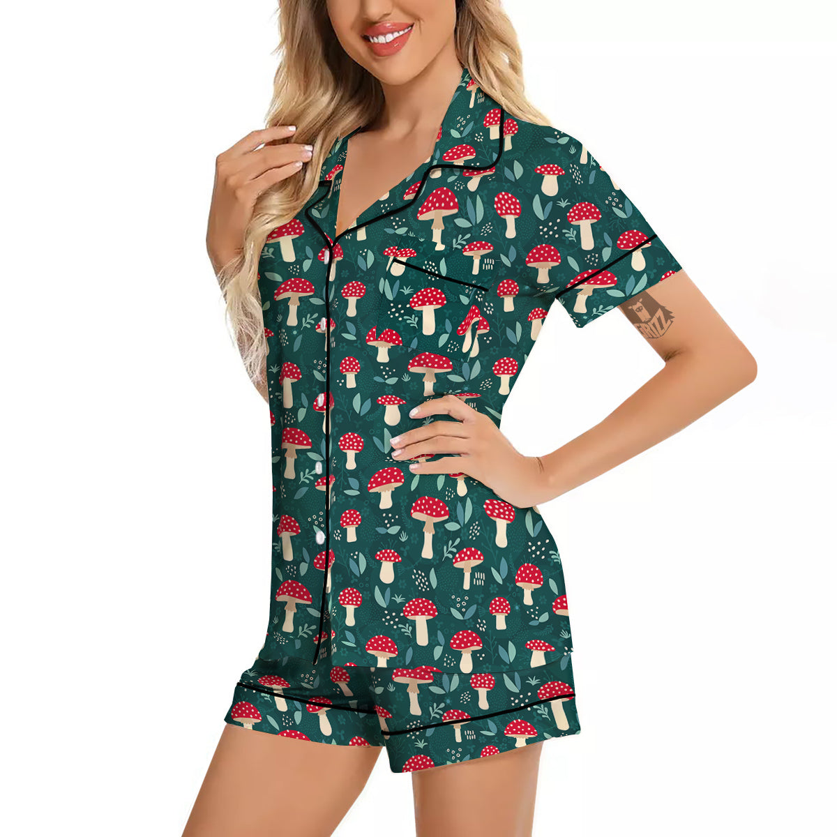 Mushroom Cute Print Pattern Women Silk Pajamas-grizzshop