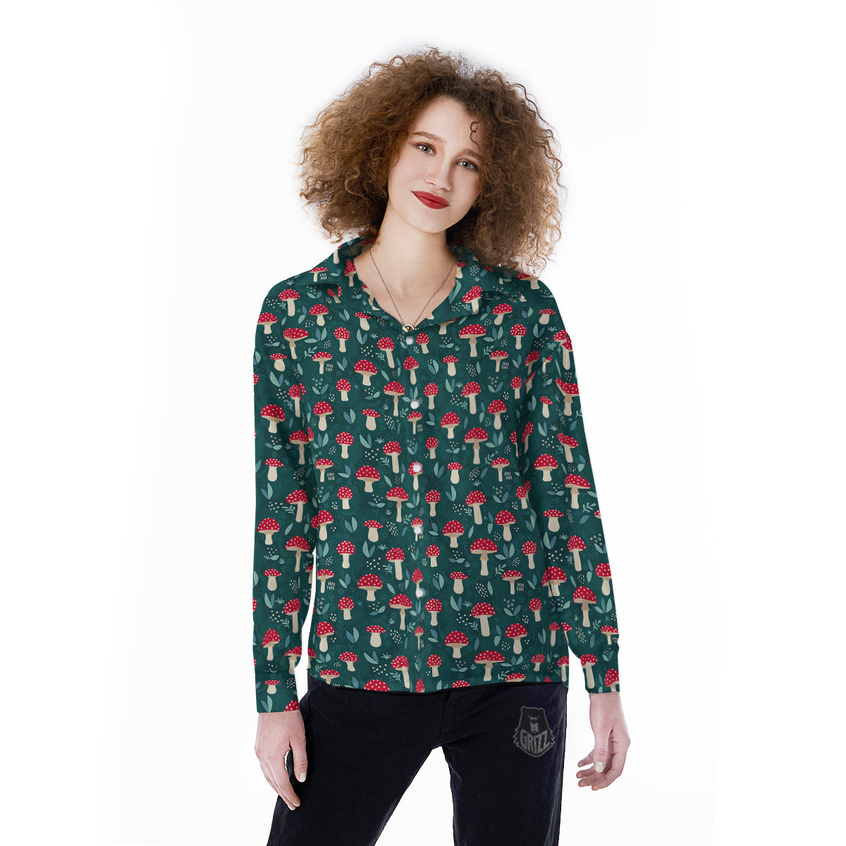 Mushroom Cute Print Pattern Women's Long Sleeve Shirts-grizzshop