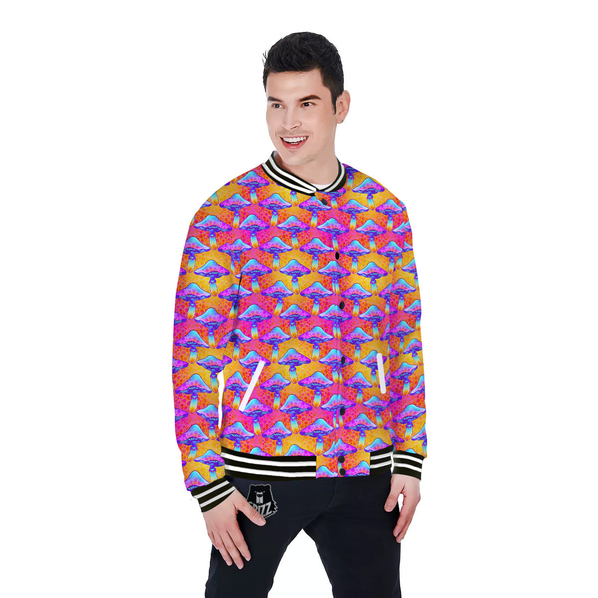 Mushroom Psychedelic Hippie Print Pattern Baseball Jacket-grizzshop