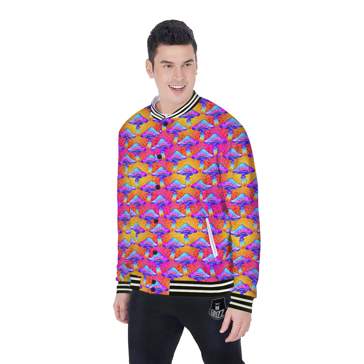 Mushroom Psychedelic Hippie Print Pattern Baseball Jacket-grizzshop