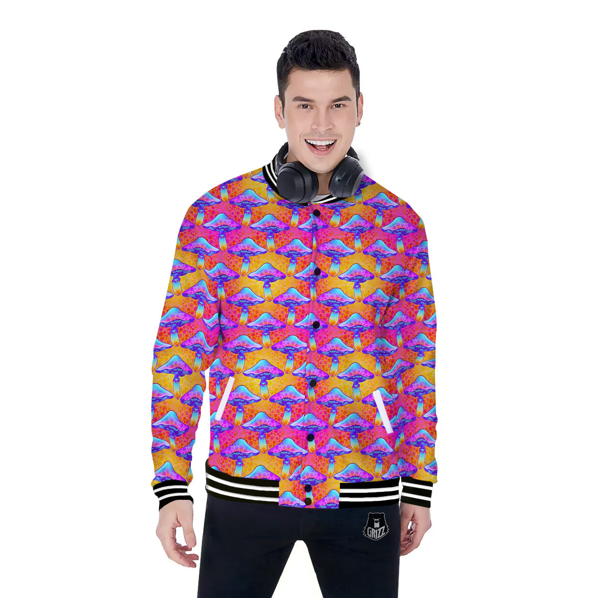Mushroom Psychedelic Hippie Print Pattern Baseball Jacket-grizzshop