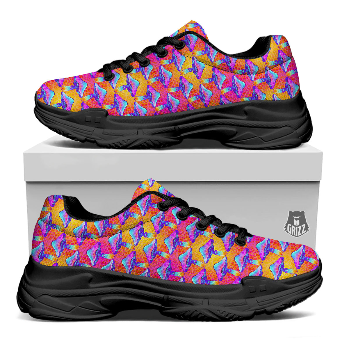Mushroom Psychedelic Hippie Print Pattern Black Chunky Shoes-grizzshop