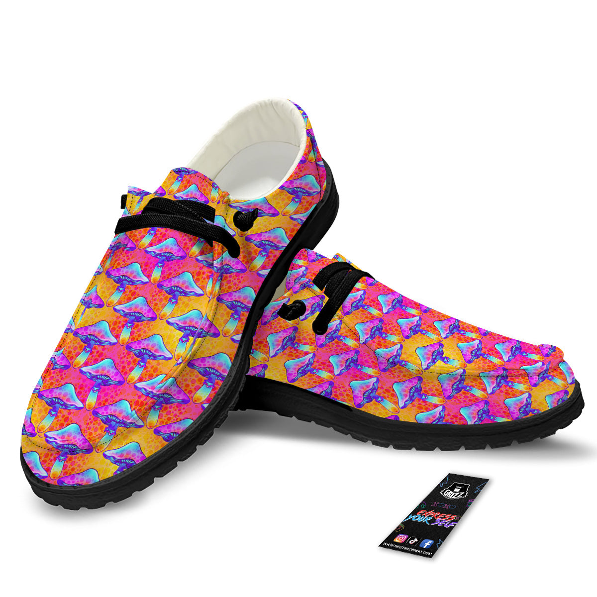 Mushroom Psychedelic Hippie Print Pattern Black Loafers-grizzshop