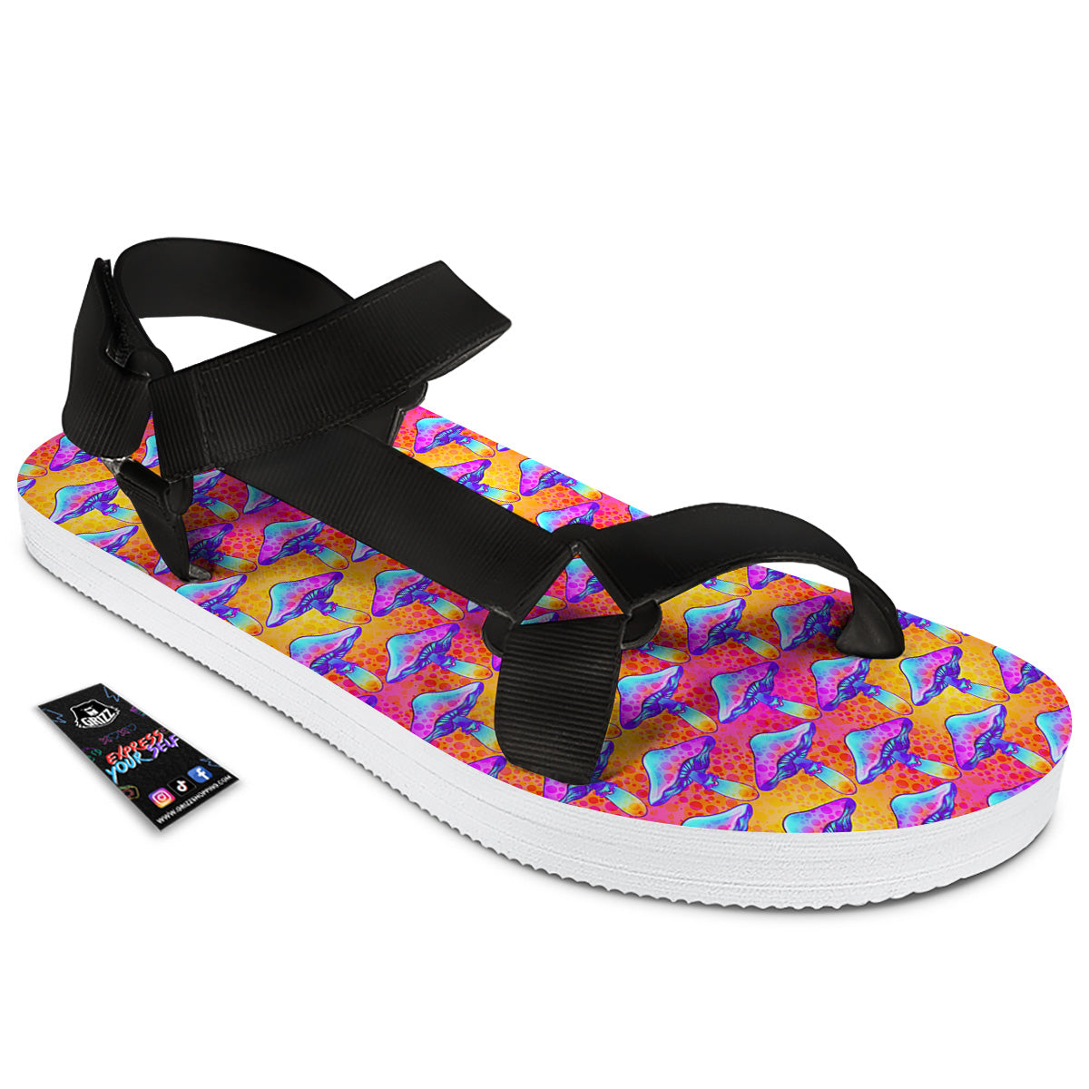 Mushroom Psychedelic Hippie Print Pattern Black Open Toe Sandals-grizzshop