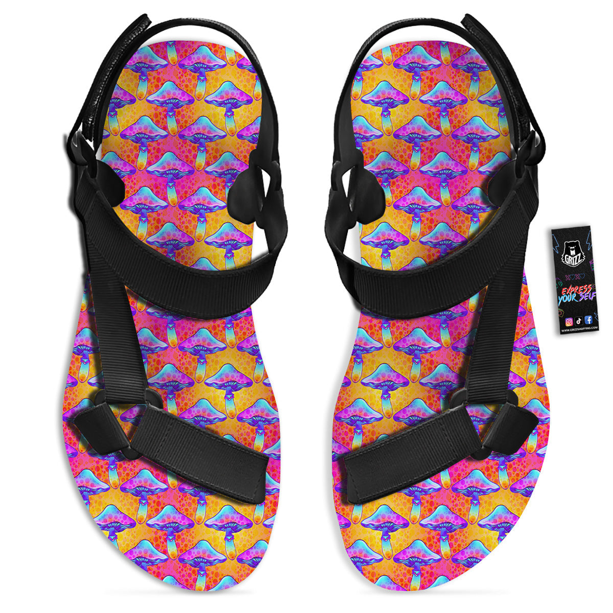 Mushroom Psychedelic Hippie Print Pattern Black Open Toe Sandals-grizzshop
