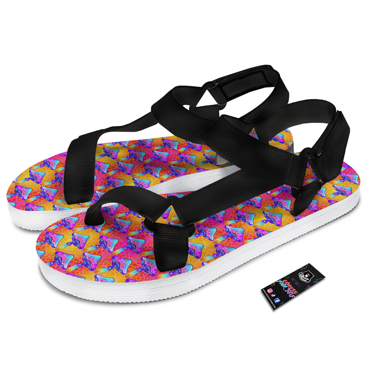 Mushroom Psychedelic Hippie Print Pattern Black Open Toe Sandals-grizzshop