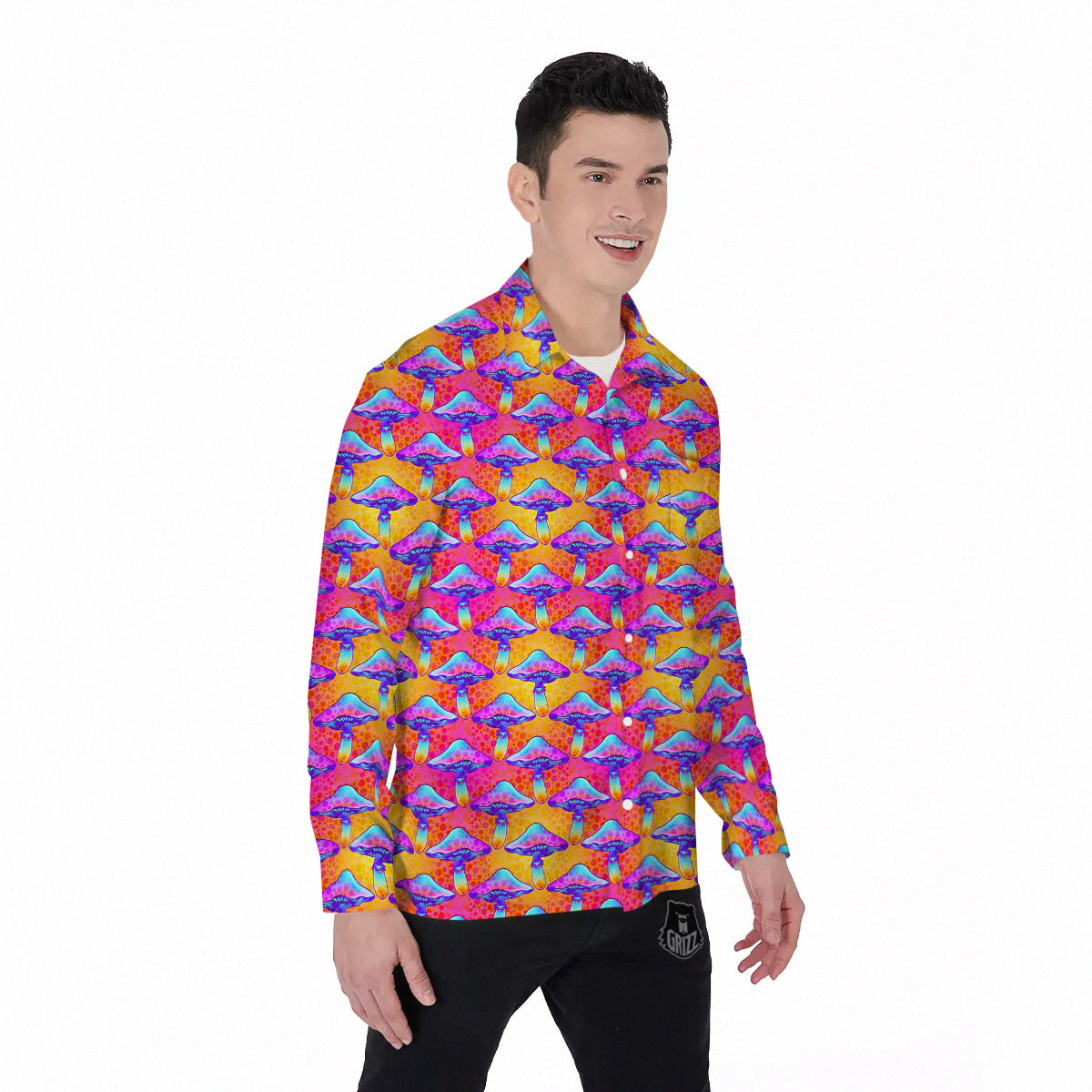 Mushroom Psychedelic Hippie Print Pattern Men's Long Sleeve Shirts-grizzshop