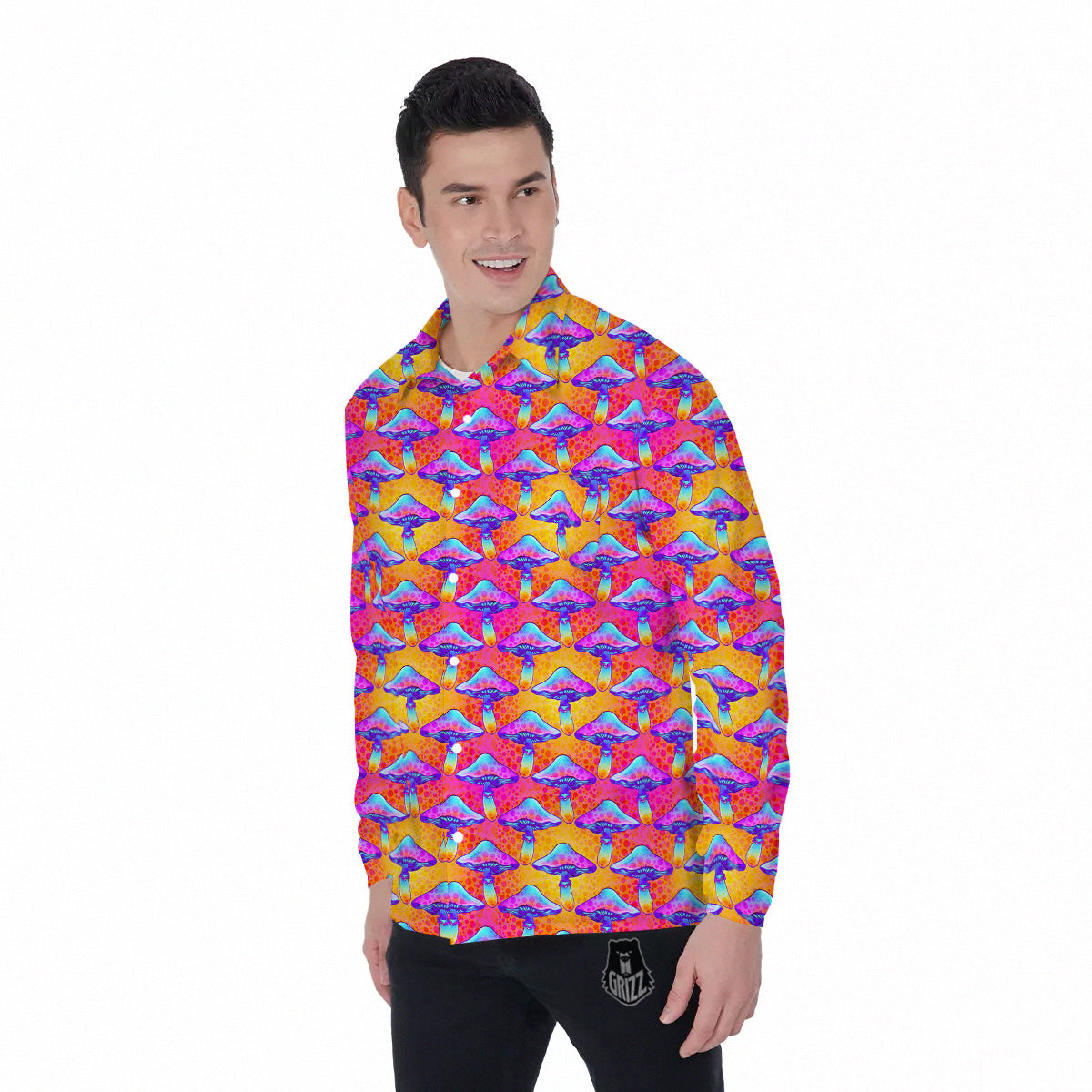 Mushroom Psychedelic Hippie Print Pattern Men's Long Sleeve Shirts-grizzshop