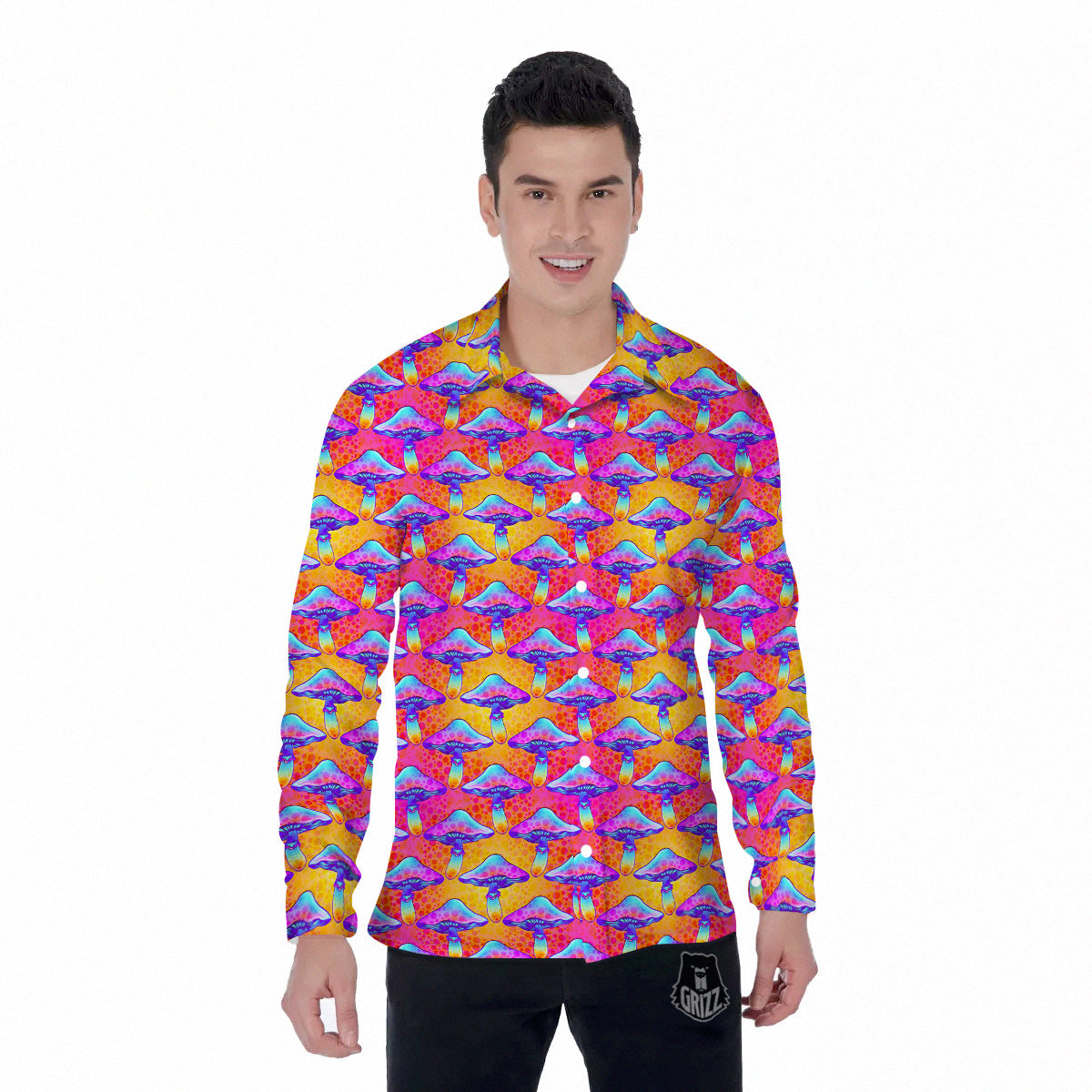 Mushroom Psychedelic Hippie Print Pattern Men's Long Sleeve Shirts-grizzshop
