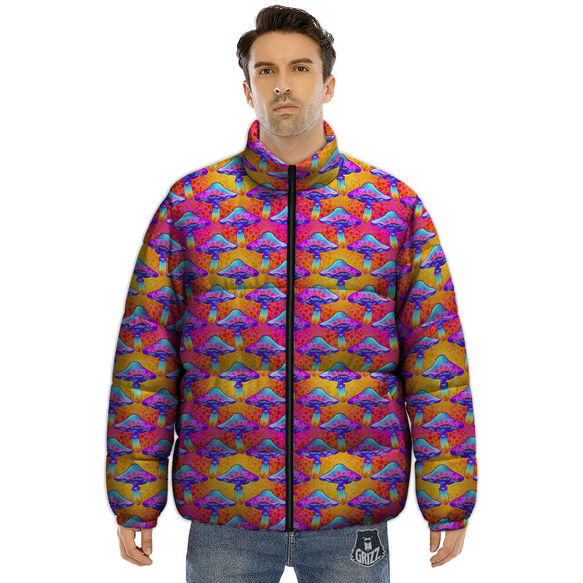 Mushroom Psychedelic Hippie Print Pattern Puffer Jacket-grizzshop