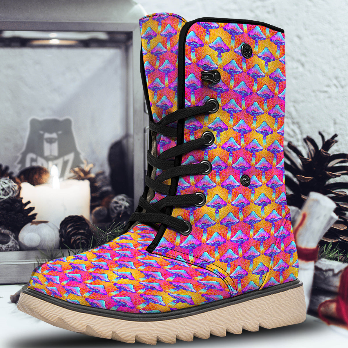 Mushroom Psychedelic Hippie Print Pattern Snow Boots-grizzshop