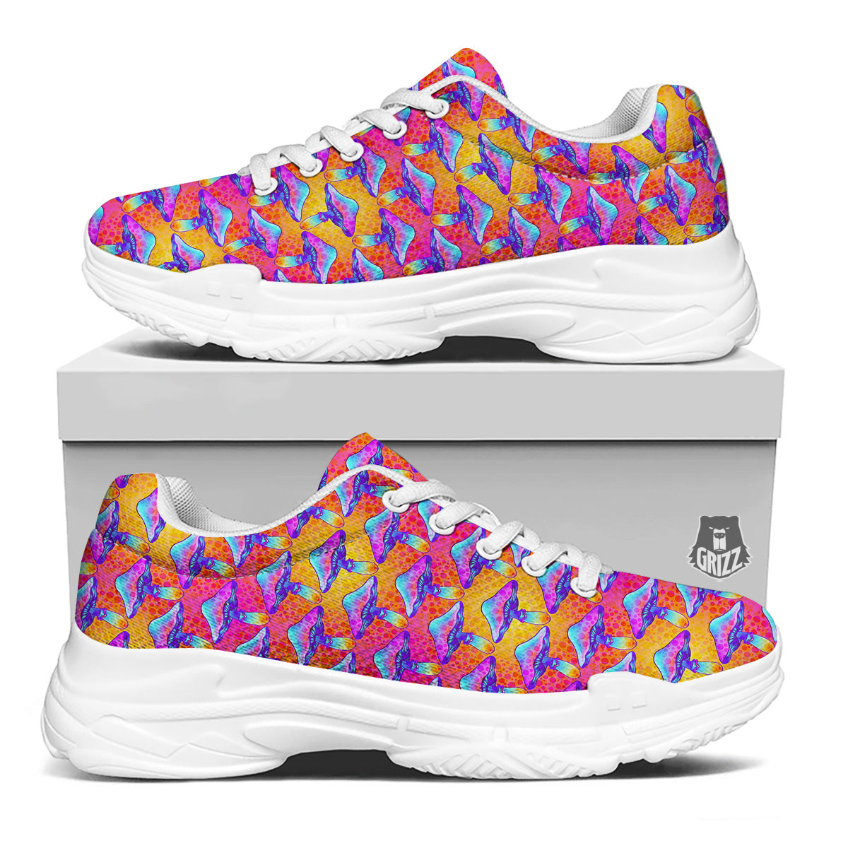 Mushroom Psychedelic Hippie Print Pattern White Chunky Shoes-grizzshop