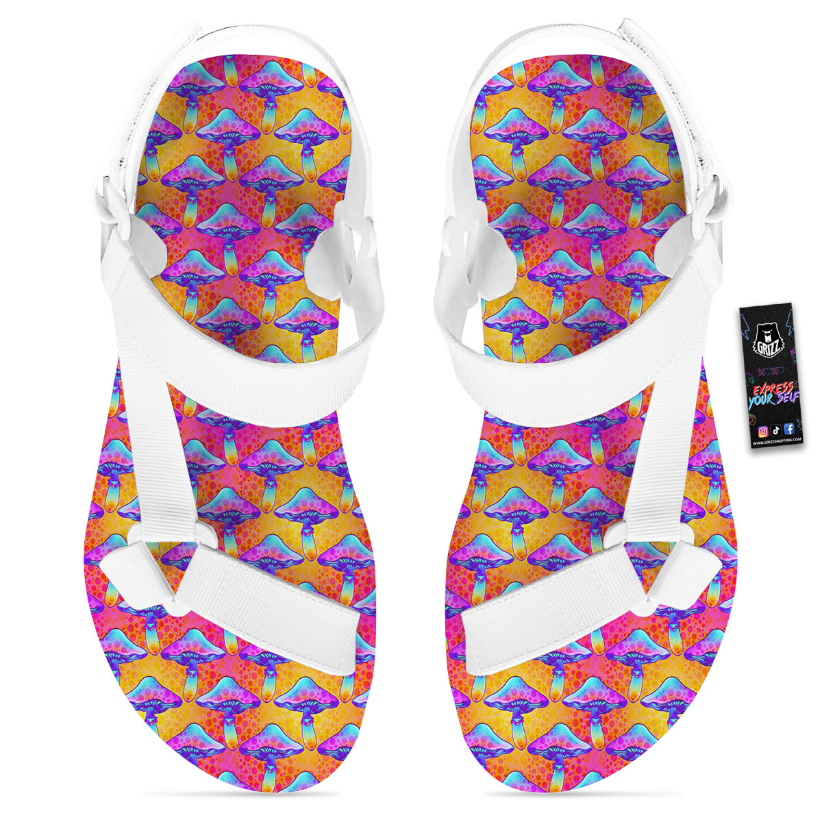 Mushroom Psychedelic Hippie Print Pattern White Open Toe Sandals-grizzshop