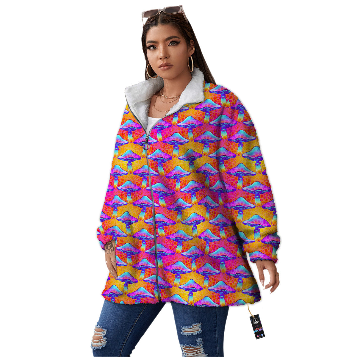Mushroom Psychedelic Hippie Print Pattern Women's Sherpa Jacket-grizzshop