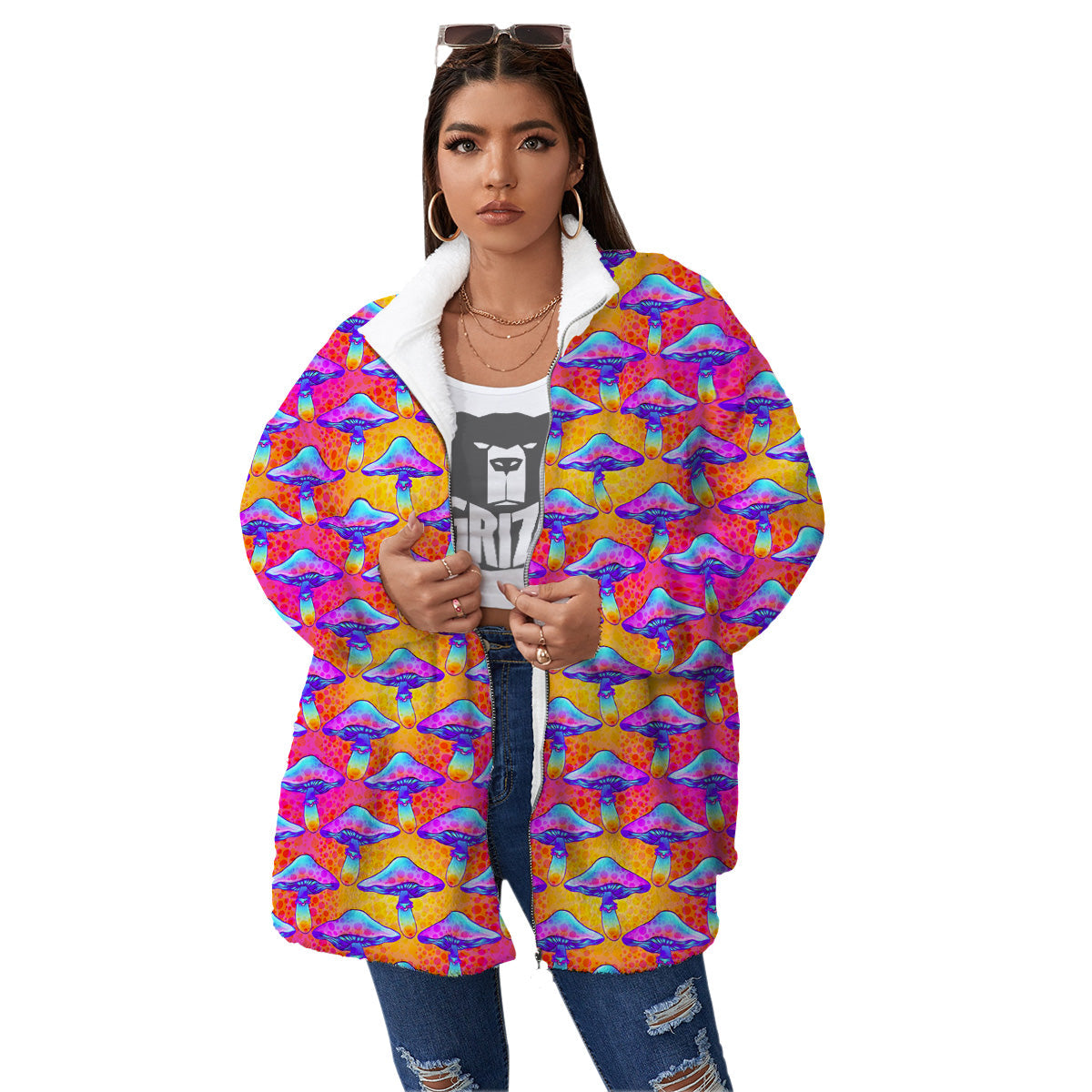 Mushroom Psychedelic Hippie Print Pattern Women's Sherpa Jacket-grizzshop