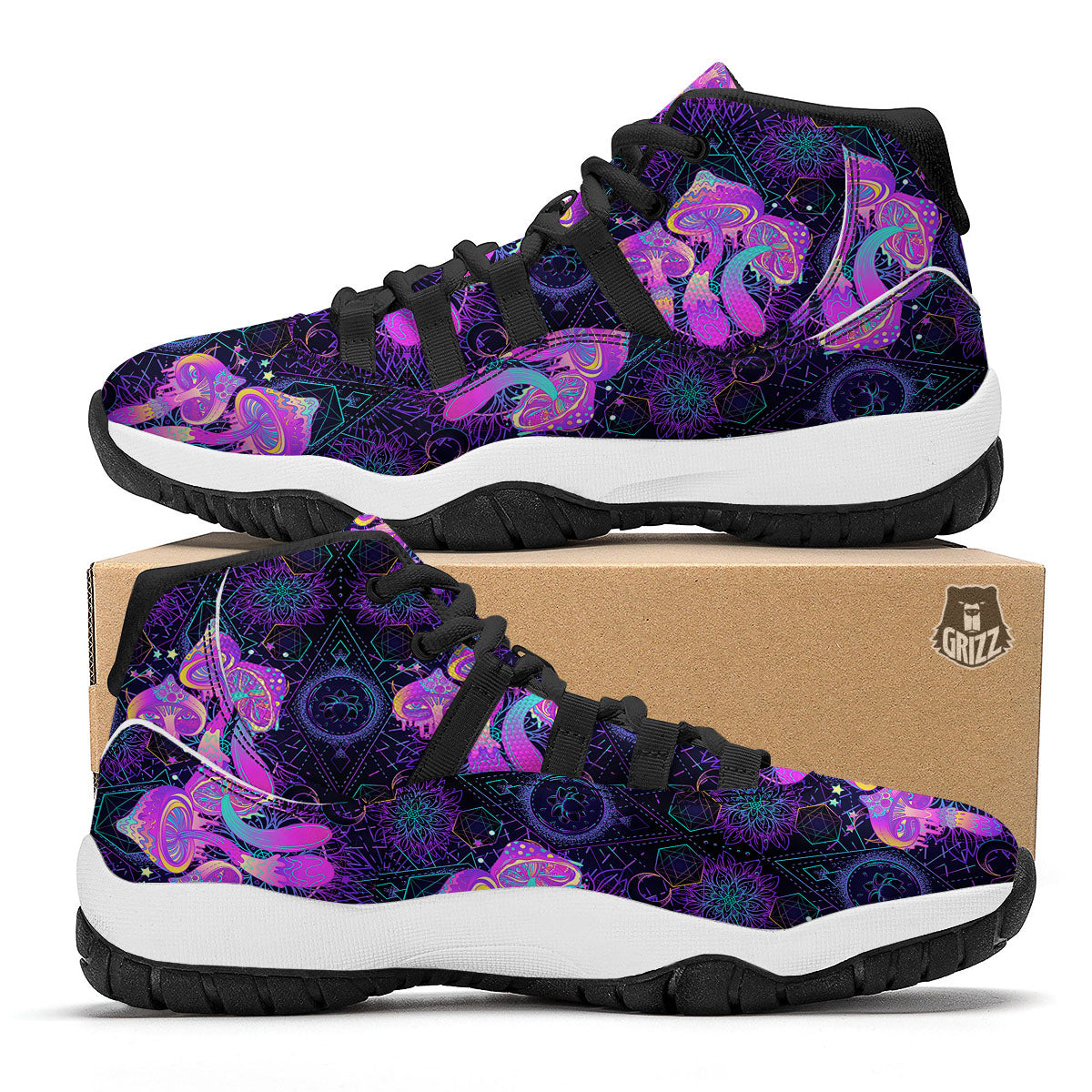 Mushroom Psychedelic Print Pattern Black Bball Shoes-grizzshop