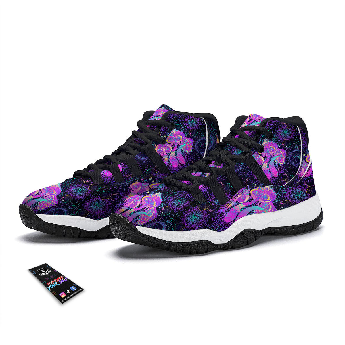 Mushroom Psychedelic Print Pattern Black Bball Shoes-grizzshop