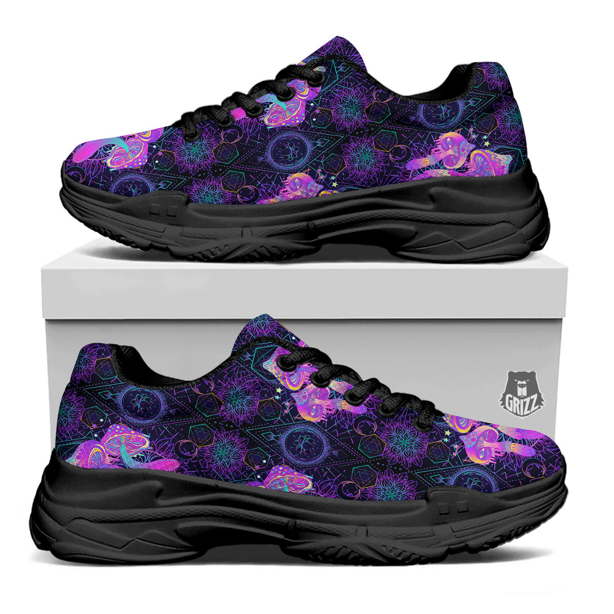 Mushroom Psychedelic Print Pattern Black Chunky Shoes-grizzshop