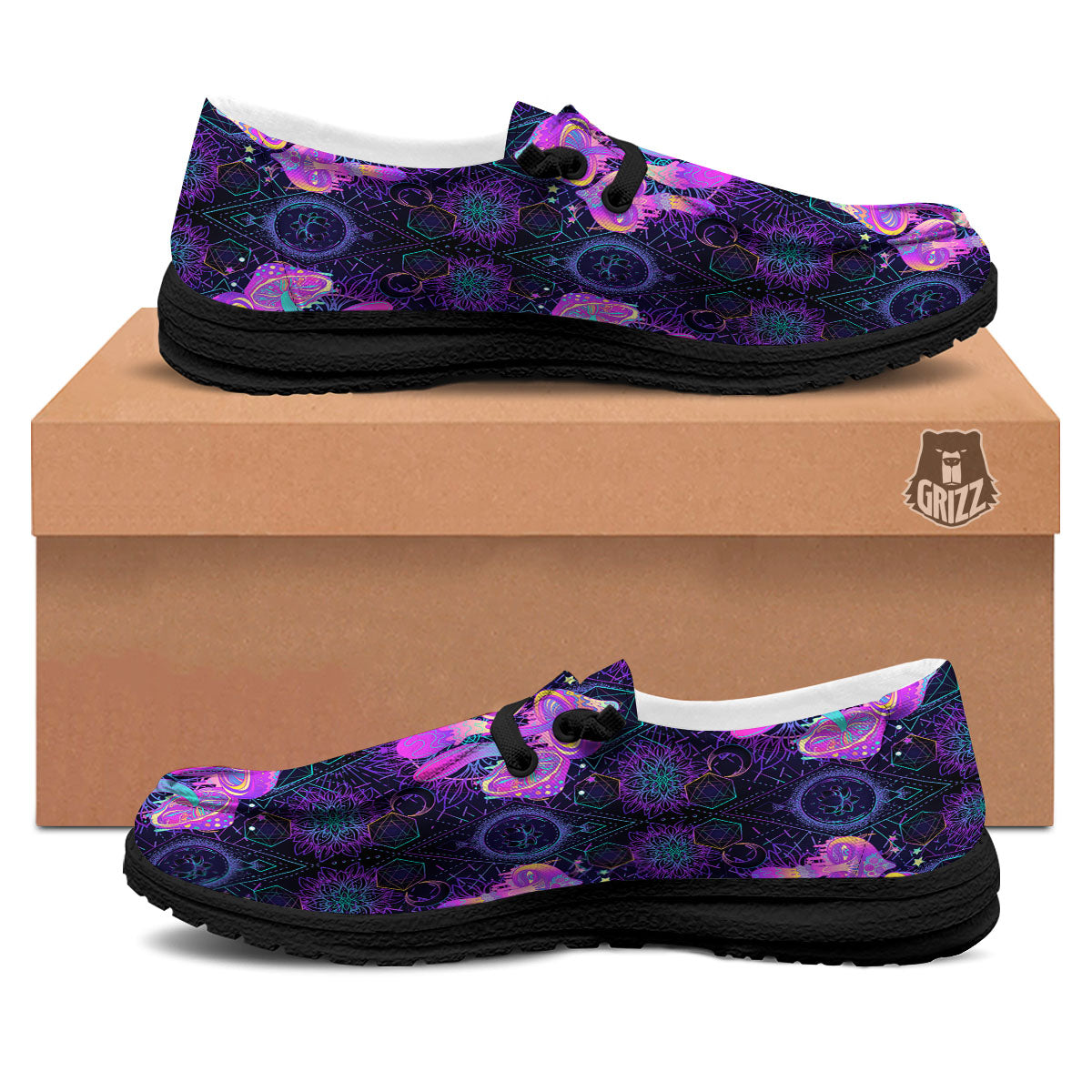 Mushroom Psychedelic Print Pattern Black Loafers-grizzshop