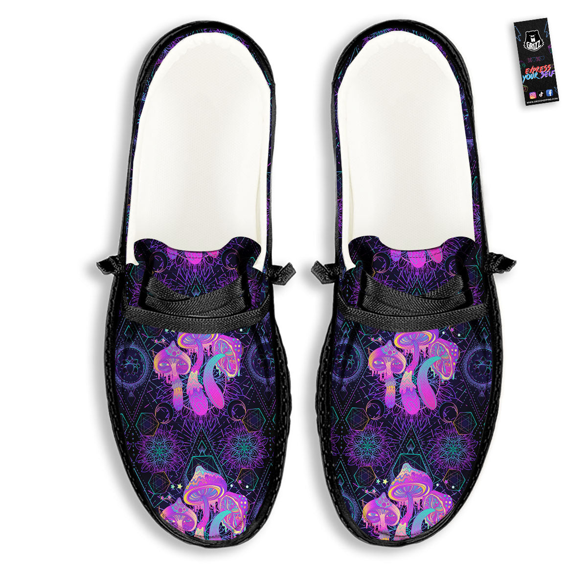 Mushroom Psychedelic Print Pattern Black Loafers-grizzshop