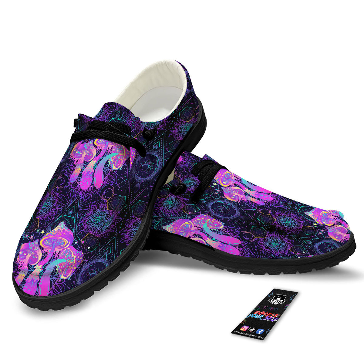 Mushroom Psychedelic Print Pattern Black Loafers-grizzshop