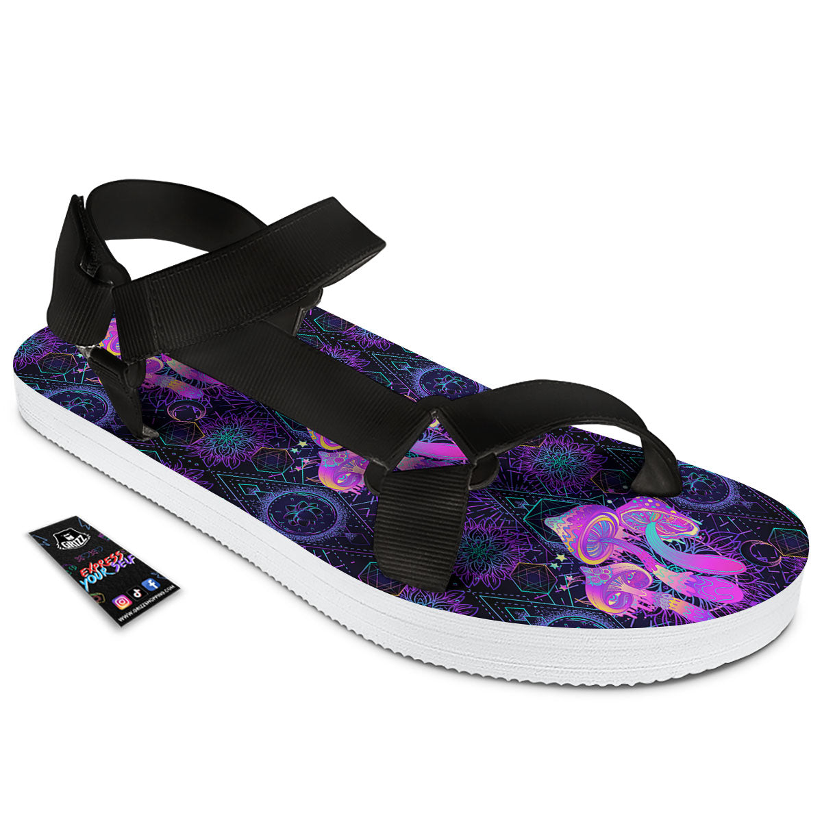 Mushroom Psychedelic Print Pattern Black Open Toe Sandals-grizzshop