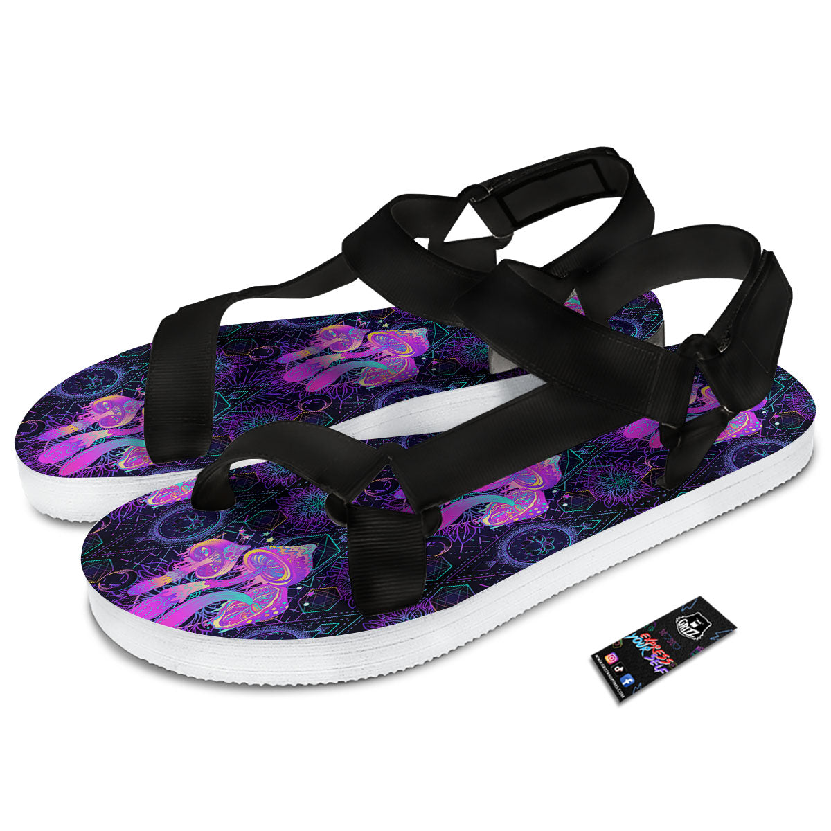 Mushroom Psychedelic Print Pattern Black Open Toe Sandals-grizzshop