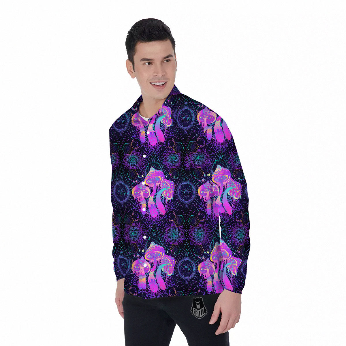 Mushroom Psychedelic Print Pattern Men's Long Sleeve Shirts-grizzshop