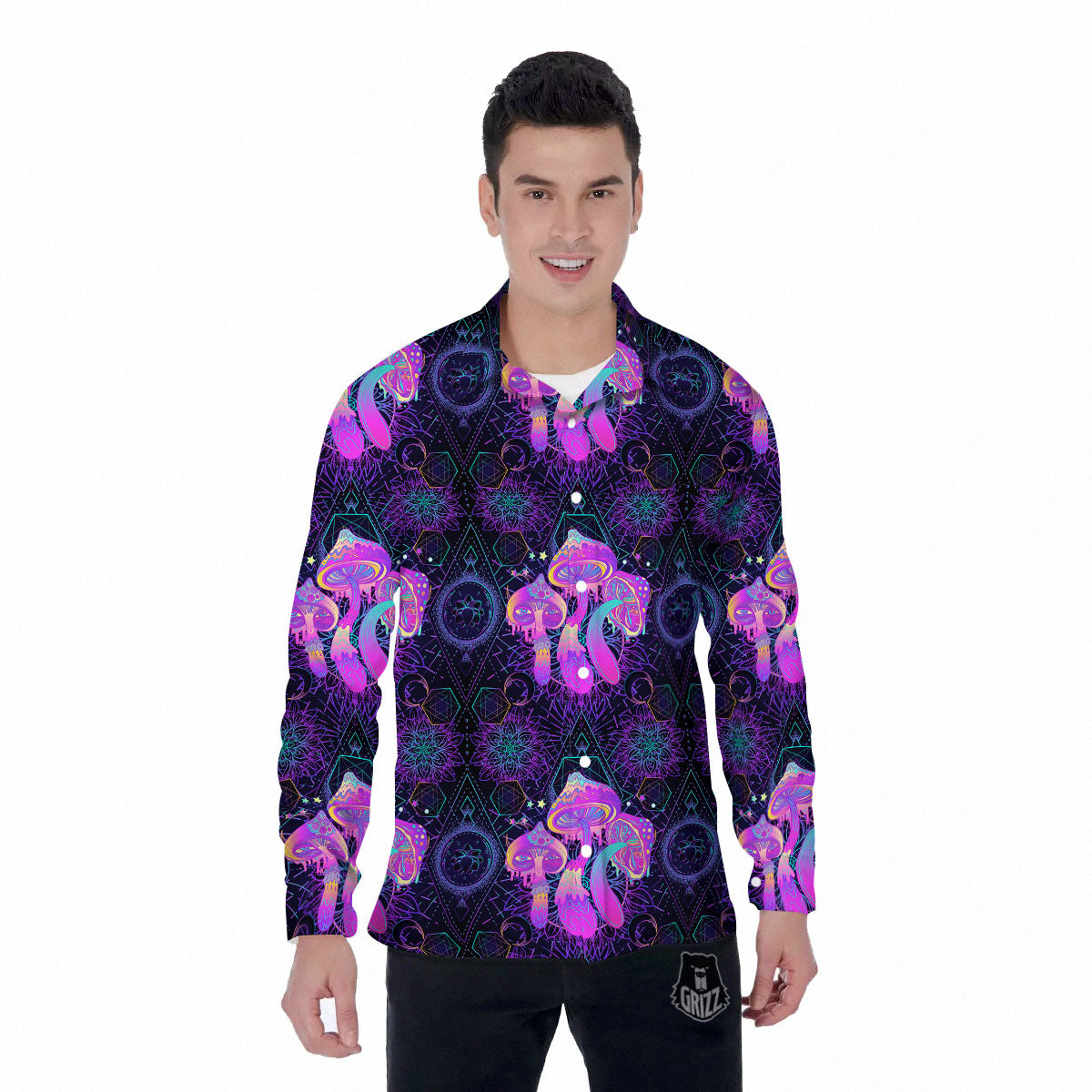Mushroom Psychedelic Print Pattern Men's Long Sleeve Shirts-grizzshop