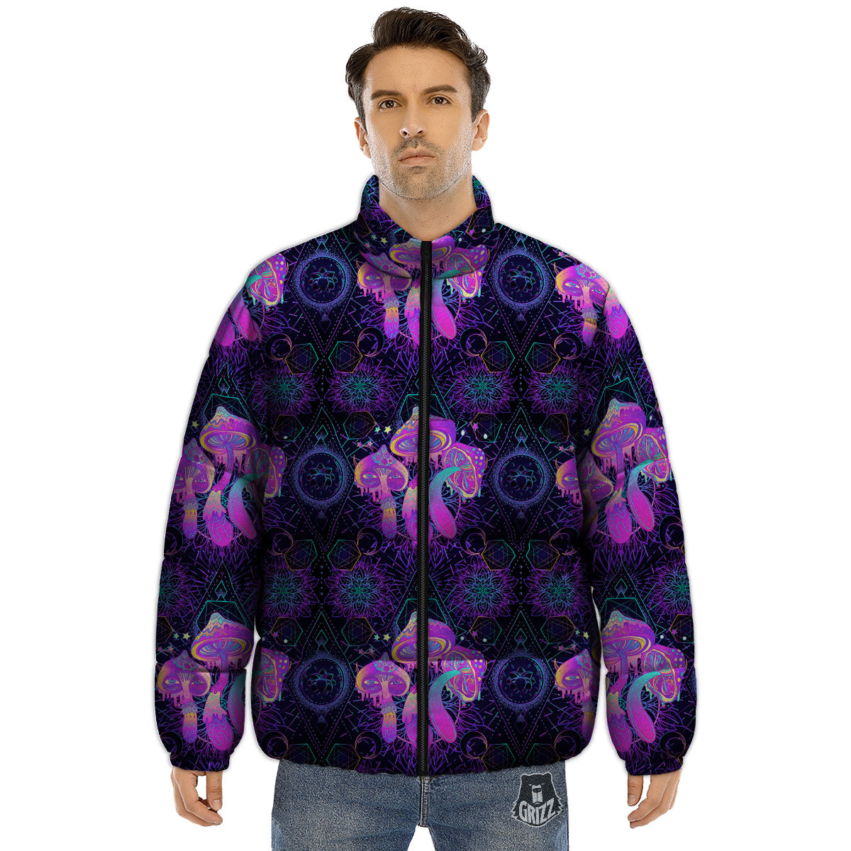 Mushroom Psychedelic Print Pattern Puffer Jacket-grizzshop