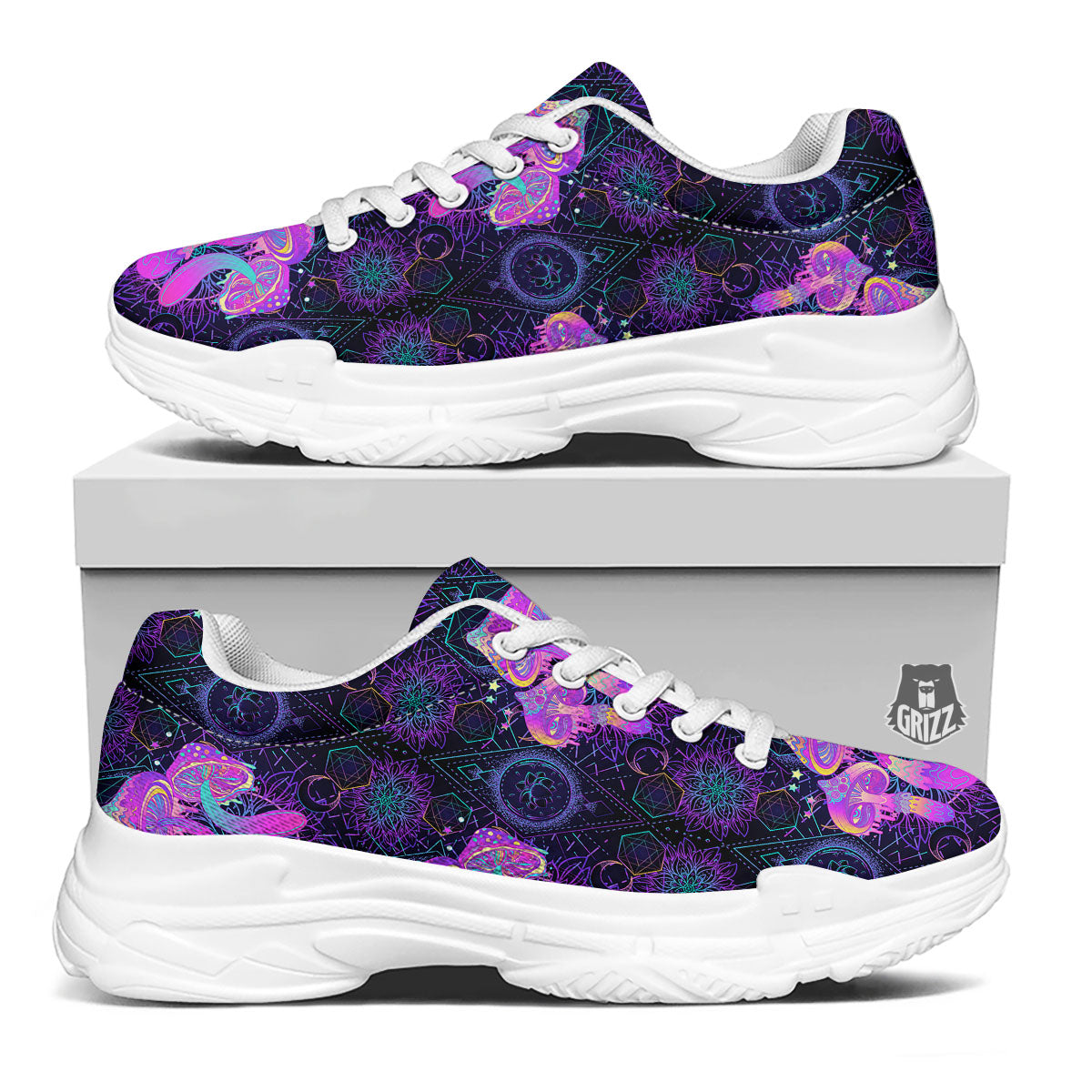 Mushroom Psychedelic Print Pattern White Chunky Shoes-grizzshop