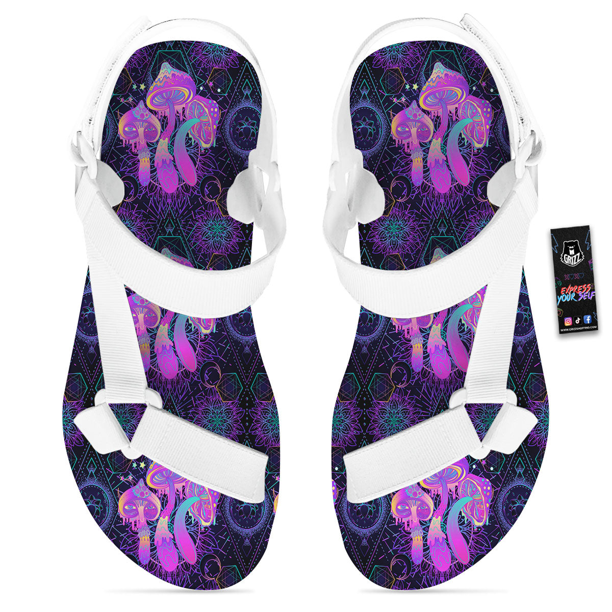 Mushroom Psychedelic Print Pattern White Open Toe Sandals-grizzshop