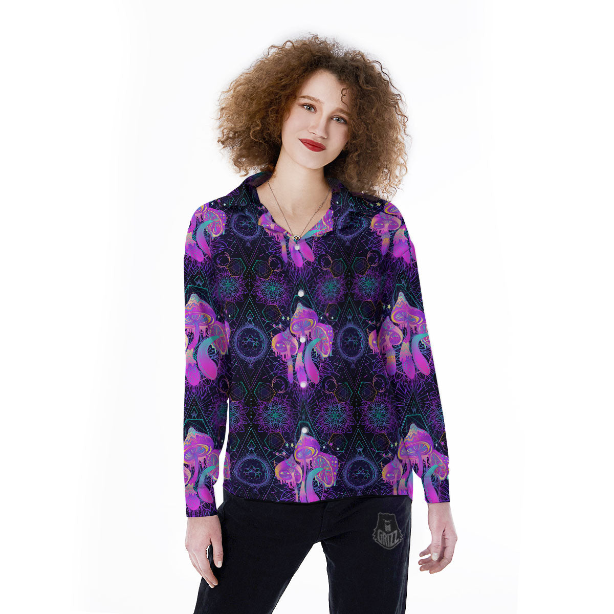 Mushroom Psychedelic Print Pattern Women's Long Sleeve Shirts-grizzshop