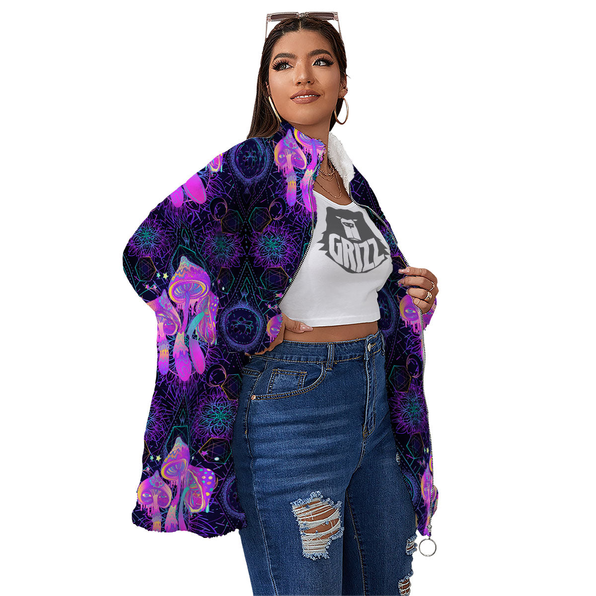 Mushroom Psychedelic Print Pattern Women's Sherpa Jacket-grizzshop