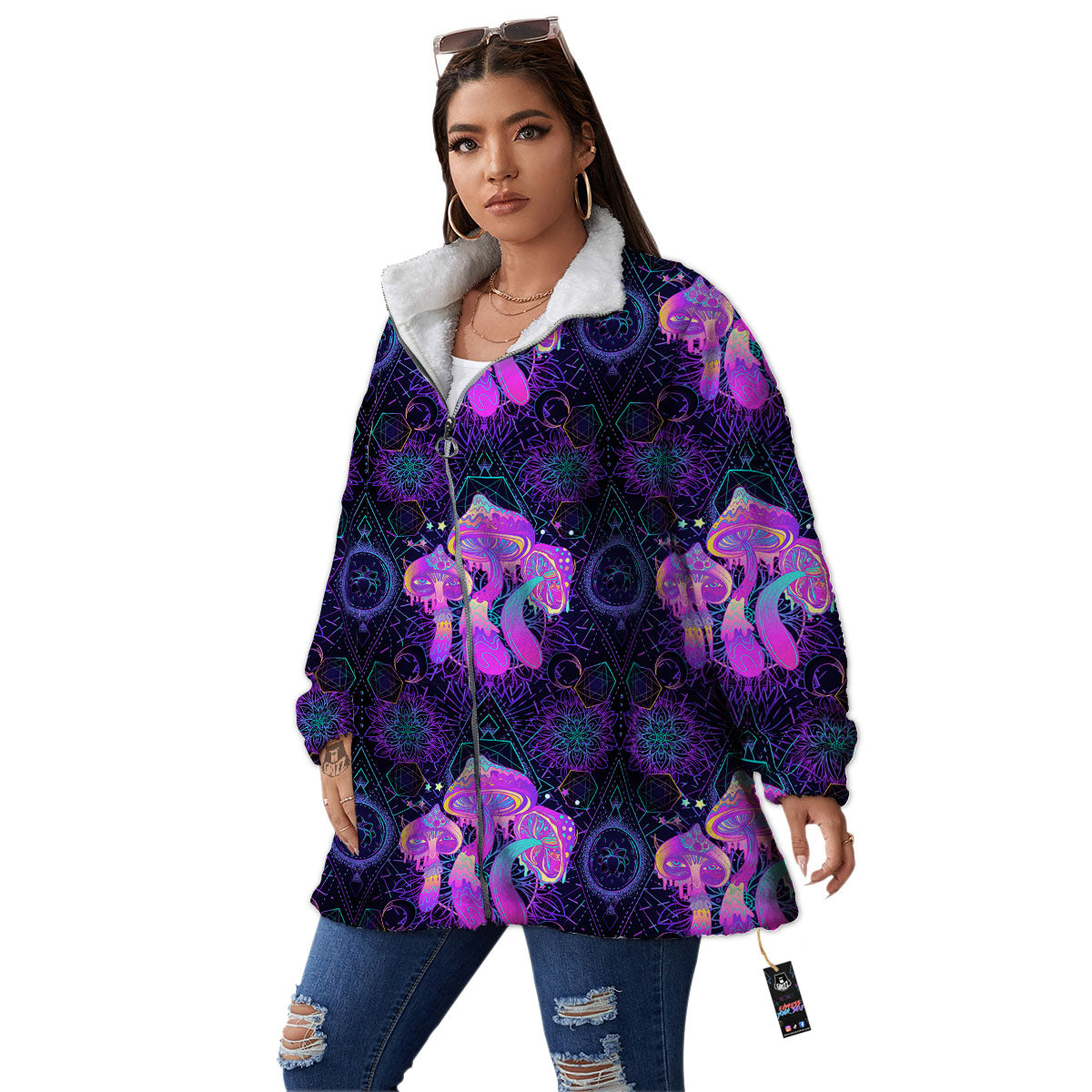 Mushroom Psychedelic Print Pattern Women's Sherpa Jacket-grizzshop