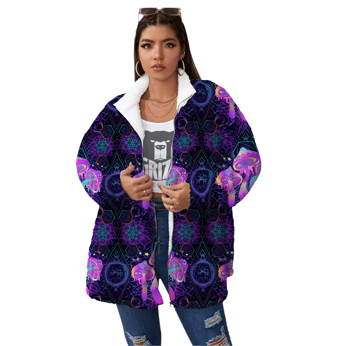 Mushroom Psychedelic Print Pattern Women's Sherpa Jacket-grizzshop