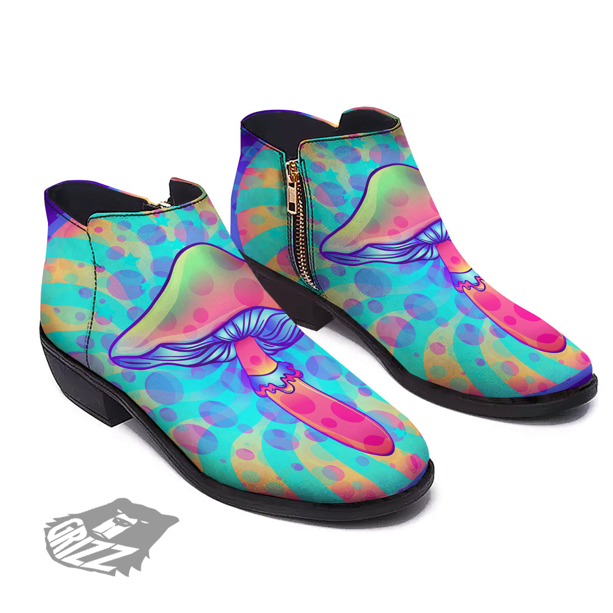 Mushrooms Psychedelic Print Ankle Boots-grizzshop